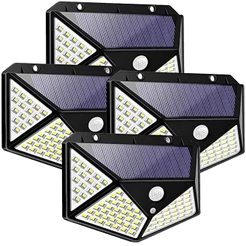 Kit 4 Luminárias Solar 100 Leds Com Sensor Movimento Prova D'Água Refletor Parede Luz Para Jardim