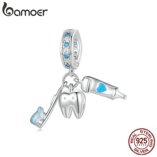 Bamoer 925 Sterling Sliver Charme De Fita Dentes Minúsculos Com Escova De E Pasta Desenhos Pingentes Acessórios Para Pulseira