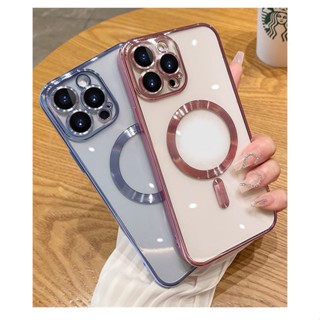 Para IPhone 15 Pro Max Lens Film Case Magnético Transparente De Luxo Magsafe Wireless Charging 14 Plus 13 12 11 Capa De Silicone