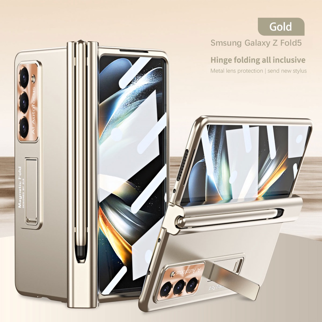 Capa Case Capinha De 360 Para Telefone Samsung Z Fold5 Fold4 Fold3 Plating Metallic Com Caneta Stylus Galaxy Fold 5 4 Proteção