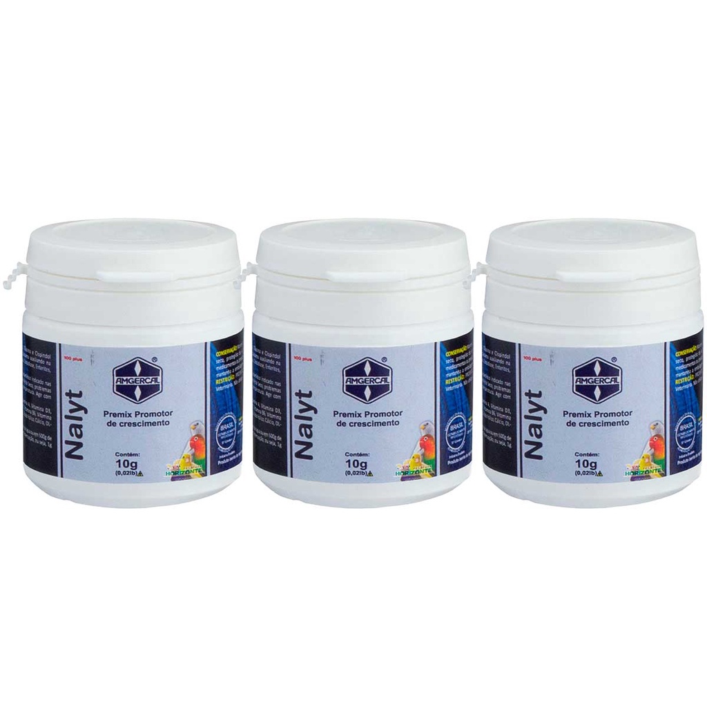 Kit 3 Nalyt 100 Plus 10g Amgercal Premix Promotor Crescimento Passarinho Rouco Vitamina Roquidão