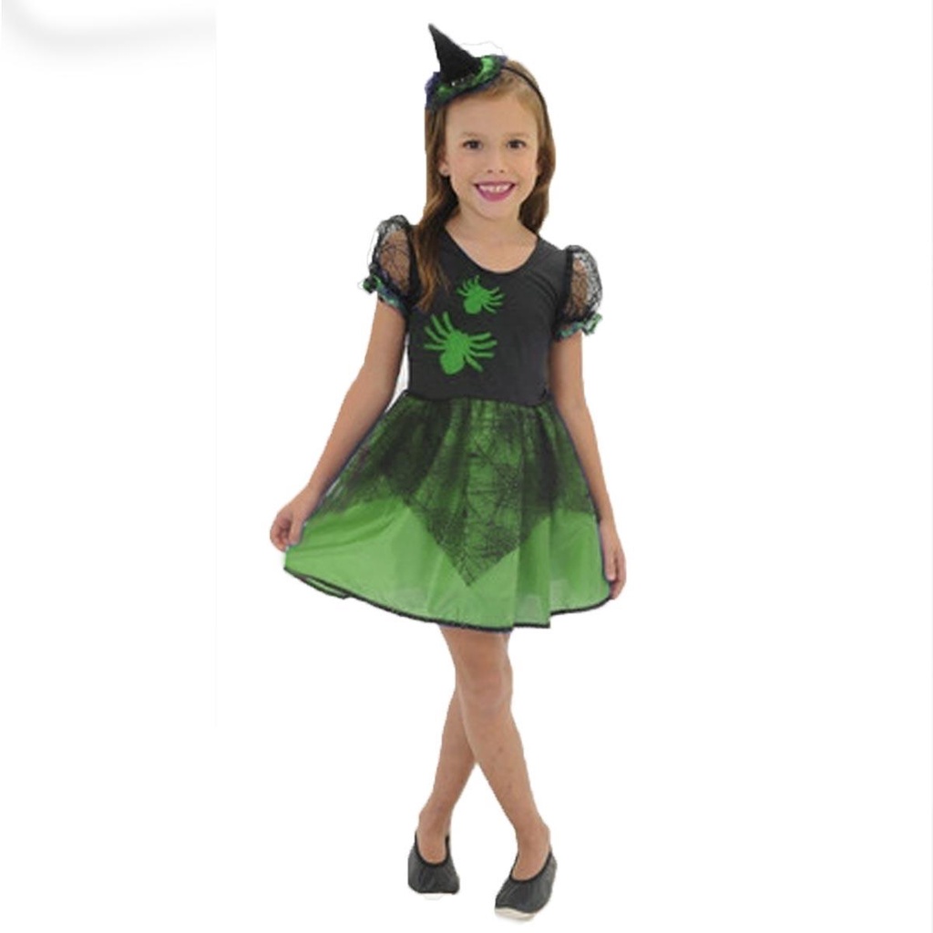 Fantasia Bruxa Infantil de Halloween Com Chapeu de Bruxa
