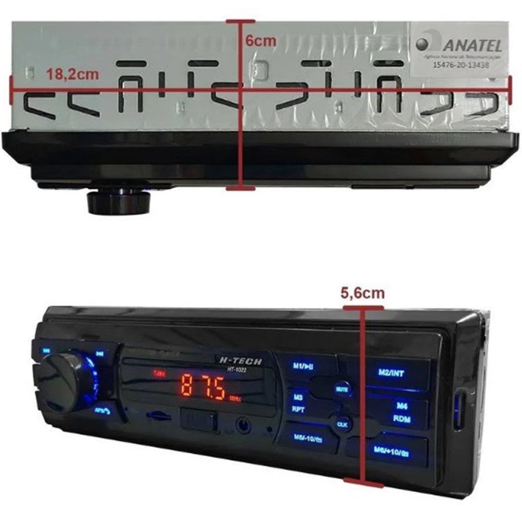 Detalhes do Rádio Automotivo Mp3 Player Automotivo 1 Din Bluetooth USB H-Tech HT-1022 Controle Remoto