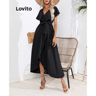 Lovito Vestido Elegante Liso Com Babados Divididos Para Mulheres LNL37020 (Preto)