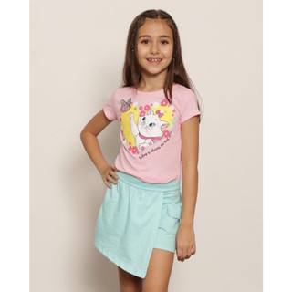 Camiseta Infantil Menina Disney Gata Marie Manga Curta Gola Redonda Rosa