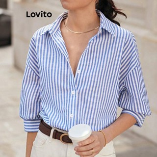 Lovito Blusa de Algodão com Botões de Listras e Colarinho para Mulheres L59ED052 (Azul Branco)