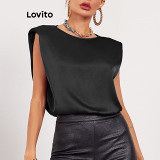 Lovito Blusa de Cetim Básica com Ombreiras para Mulheres LBE04028 (Preto)