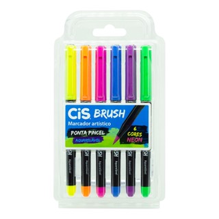 Caneta pincel Brush Aquarelável com 6 cores neon Cis