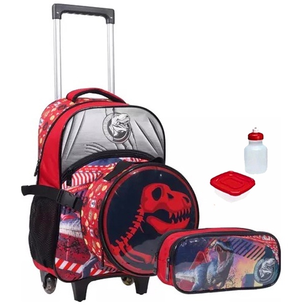 Kit Mochila Mochilete Infantil Meninos Escolar Tam G Dinossauro Dino 2 em 1 Com Rodinhas Alcas Lancheira Termica Garrafinha Potinho e Estojo Duplo