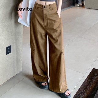 Lovito Casual Calça Feminina Lisa com Bolso Botão e Zíper LNE27129 (Café/Preto)