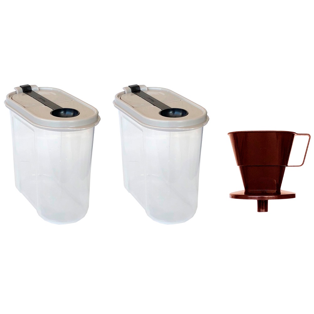 Kit 2 potes porta açúcar ou café em pó com colher dosadora tampa e 1 coador filtro 103 garrafa térmica Plasútil