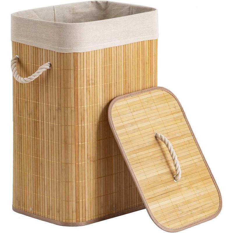 Cesto De Roupa Suja 60 Litros Bambu Com Alça Dobravel Retangular