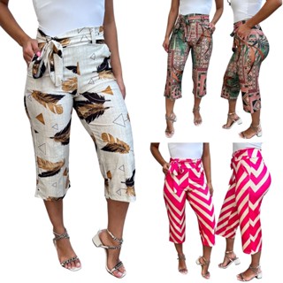 Calça Pantacourt Feminina Cintura Alta com Bolsos e Cinto Fixo Estampada Pantacurt Calca Pantacur Estampado Feminino Trabalho Dia Dia