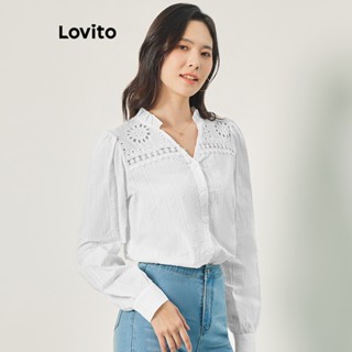 Lovito Casual Blusa Feminina Lisa com Botão Frontal Bordado de Ilhós e Costura no Tecido L68ED012 (Branco)