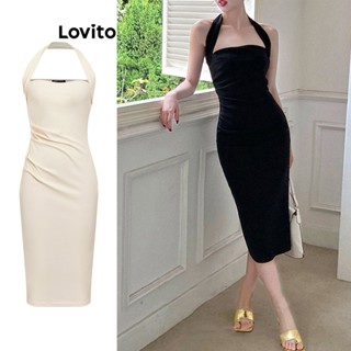 Lovito Casual Vestido Feminino Liso Franzido com Laço Traseiro L74ED331