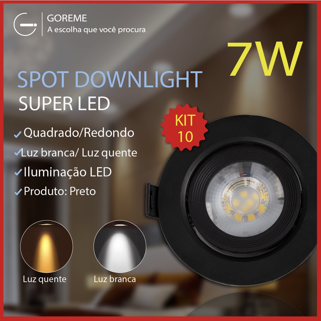 Kit 10 Luminária Spot Led Redondo Direcionável 7W Embutir Gesso Teto Preto |Luz Branca/Luz Amarela Bivolt Spot Super LED em Oferta na Shopee