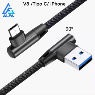 Cabo De Carrega 90º V8, Tipo C, iPhone Trançado Dados 1m Para Celular Universal