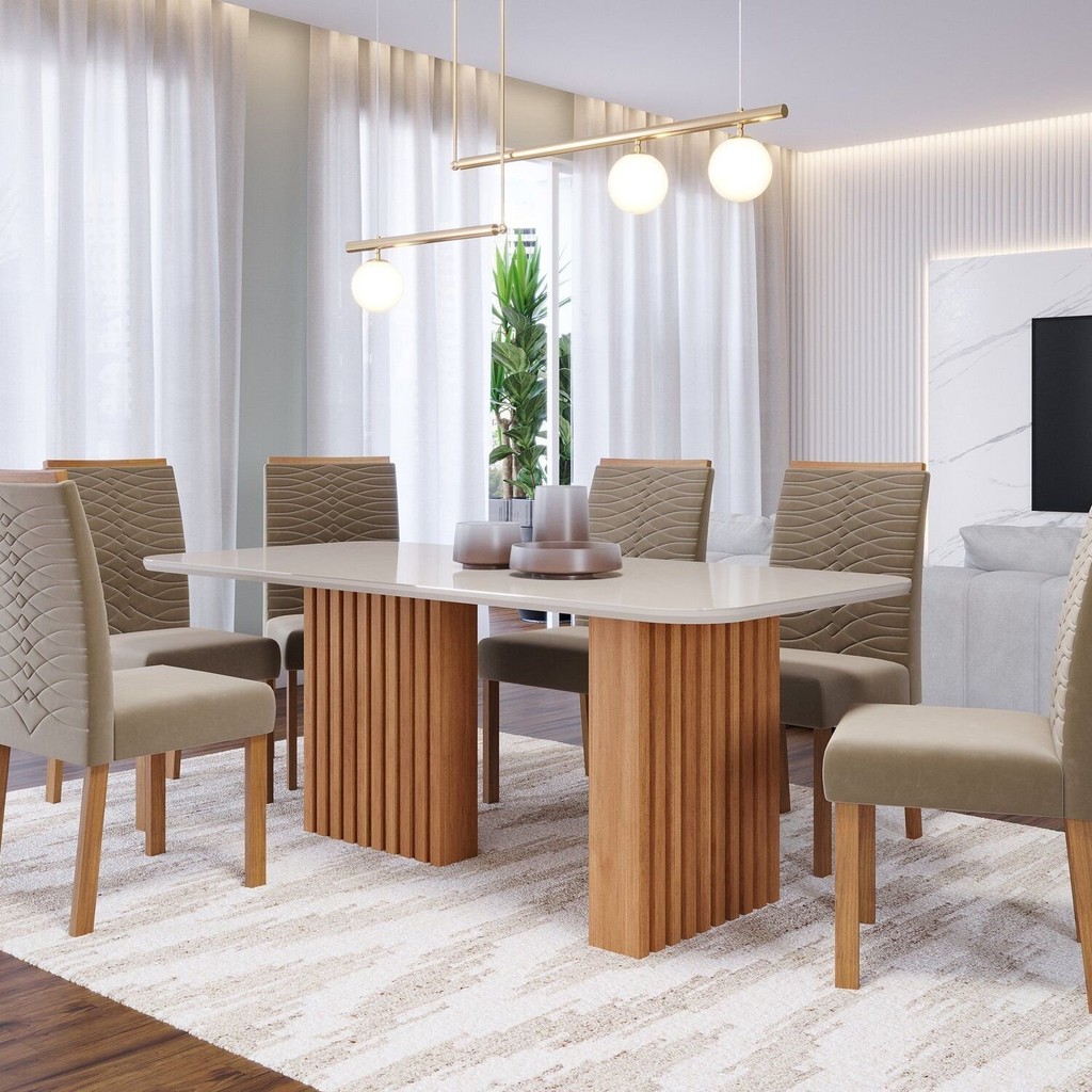 Conjunto Sala de Jantar 6 lugares Retangular Tampo de Vidro/MDF Ester Cadeiras Clarice Cinamomo/Off White/Joli