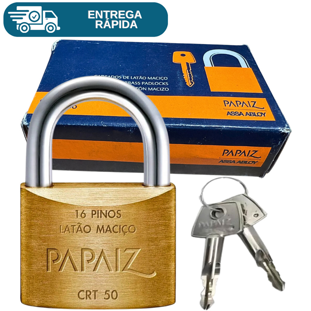Cadeado Chave Tetra 50mm Latão Maciço Haste Aço Crt50 Papaiz C/ 2 Chaves Latão Segurança Reforçada