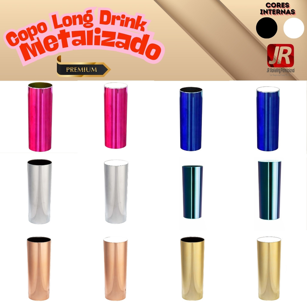 KIT 20 Copos Long Drink 350ml Metalizado Premium Copo Metalizado Liso Sem Gravar