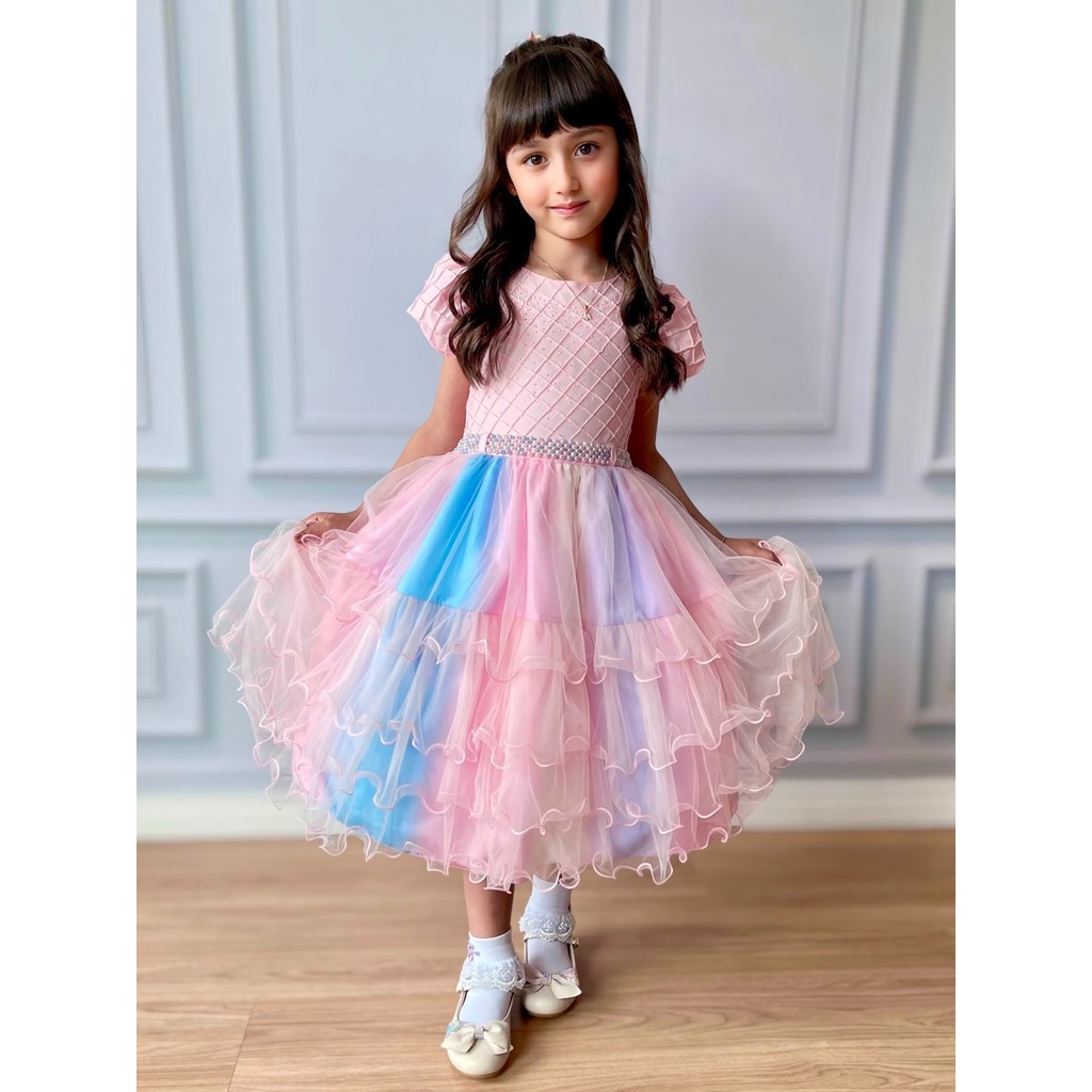 Vestido Festa Infantil Candy Color Arco Íris Super Luxo Princesa Babados - 1 ao 12