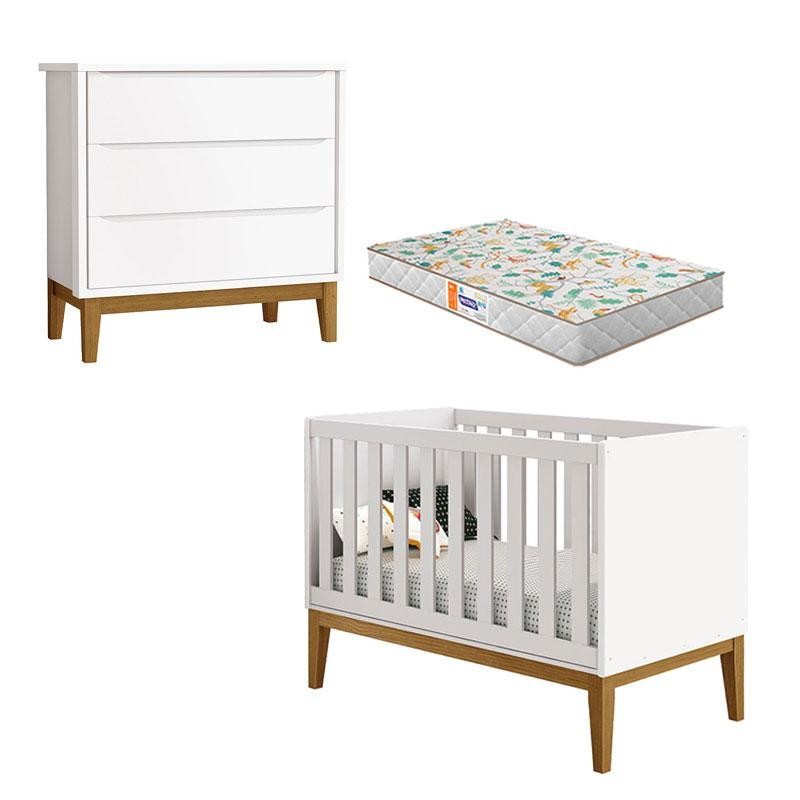 Berço Americano e Cômoda Gaveteiro New Classic Branco com Pés Madeira e Colchão Gazin – Reller