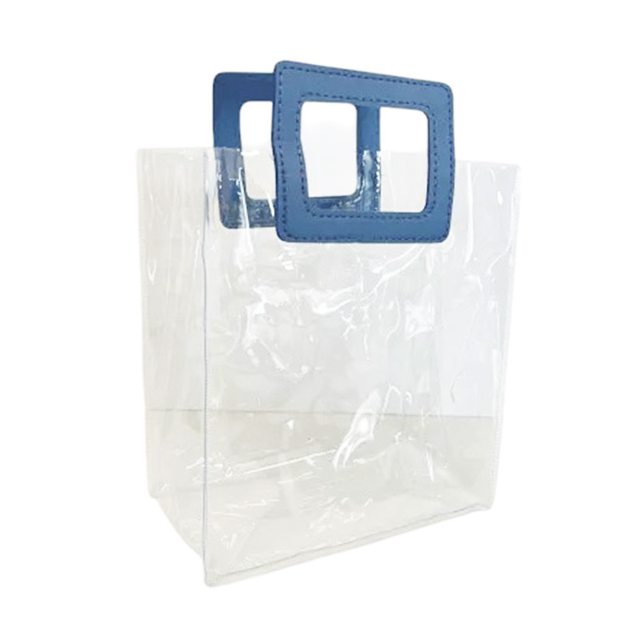 Sacola Transparente PVC com Alça Quadrada de Couro Azul - 26x22x12cm - 10 unidades - Rizzo - Home & Living