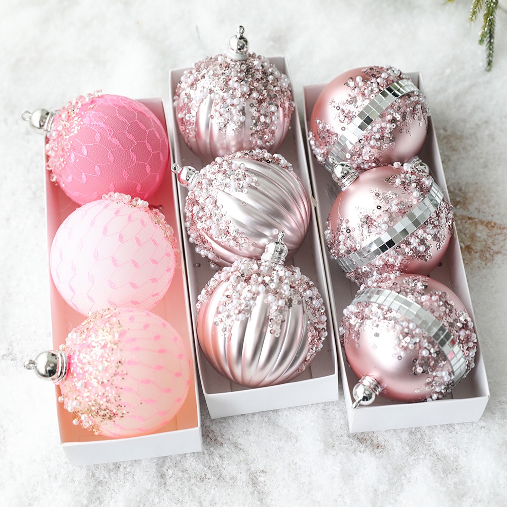 3pcs Novo Estilo de Natal Ornamentos de Natal 8CM Bola de Natal Plástica Matte Bola de Natal Brilhante Bola de Natal Pintada Rosa