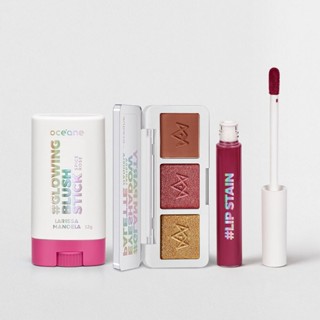 Kit Blush em Bastão Rosa + Paleta de Sombras Glam Party + Batom Líquido Bordô Larissa Manoela By Océane (3 Produtos)