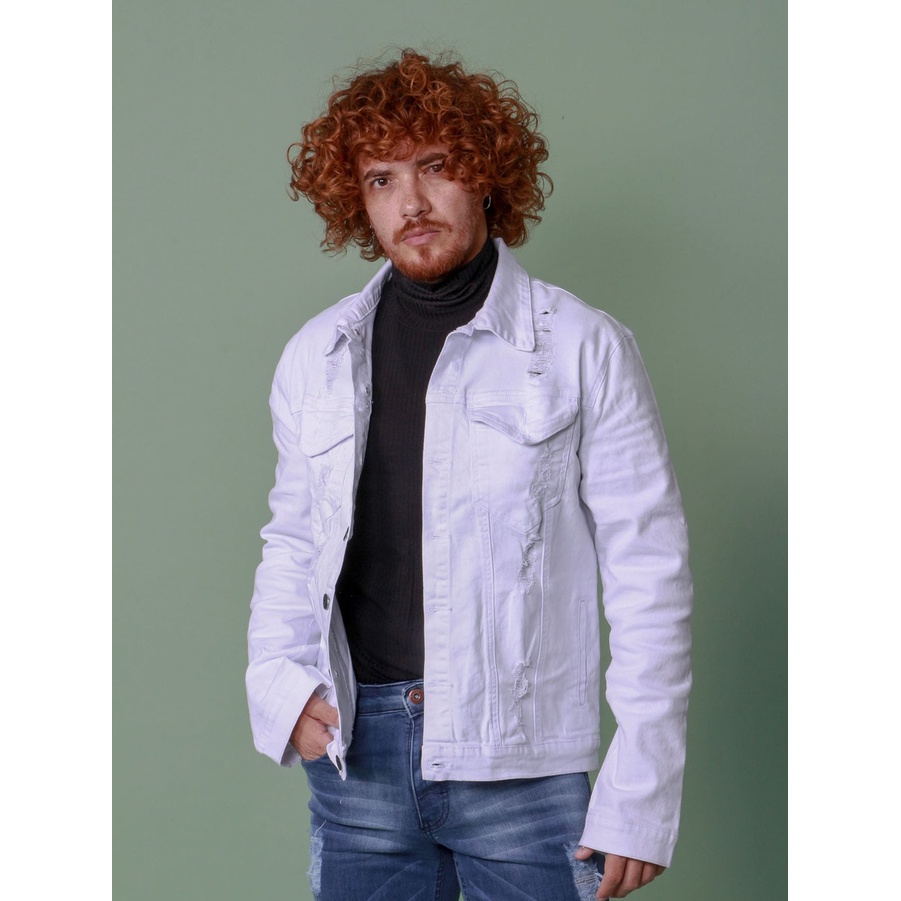 Jaqueta Jeans Masculina Branca Rasgada Bege Azul Bolso Manga Longa Botão Promoção Desconto Oferta P, M G, GG Blusa Frio
