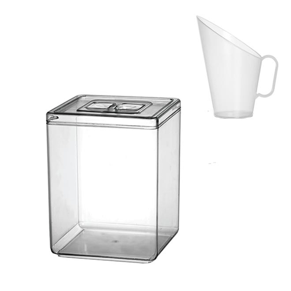 KIT - 1 POTE EM ACRILICO P/ GRANEL CEREAIS ALIMENTOS RETANGULAR 20L C/ TAMPA + 1 CONCHA