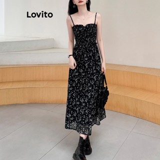 Lovito Casual Vestido Dividido com Amarração e Estampa Floral para Mulheres LNE19050 (Preto)