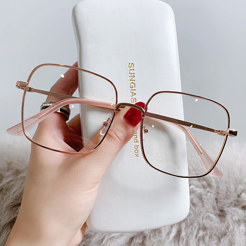 (JIUERBA) Moldura Metálica Quadrada Superdimensionada Óculos De Luz Azul Moda Coreanos Rosa Gold Optical Glasses