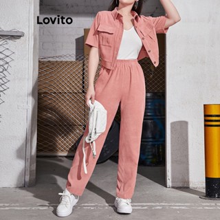 Lovito Casual Conjunto Feminino Liso de Calça Alinhada com Bolso e Spikes L68ED224 (Casaco/Conjunto/Calça)