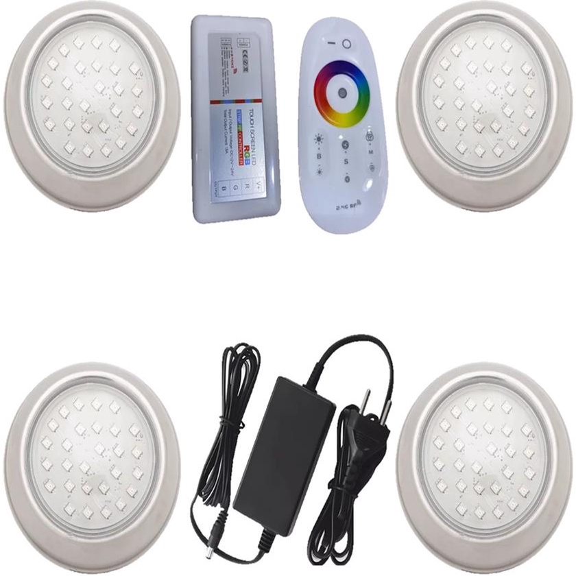 Kit 4 Hiper Led 15W Inox 316 RGB + Fonte 5A + Controle Touch