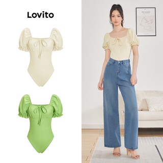 Lovito Body Elegante com Amarração de Renda e Babados de Barra Bruta para Mulheres L62ED072 (Cáqui Claro/Verde)