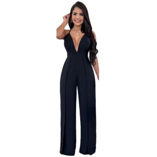 Macacão Feminino Longo Pantalona Fenda Decote De Amarrar Soltinho
