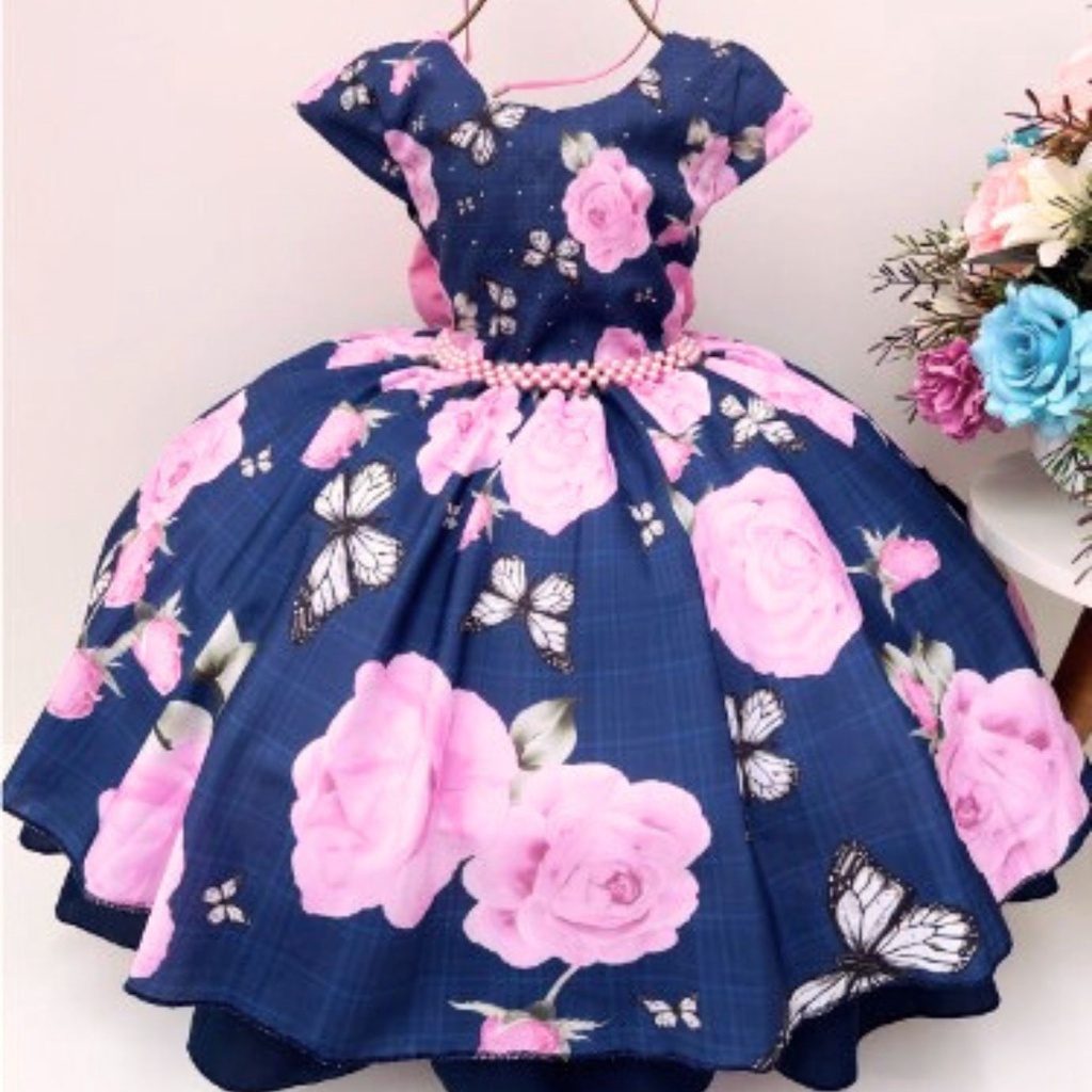 Vestido Infantil de Festa Floral Azul Marinho com Rosa Florista D3056