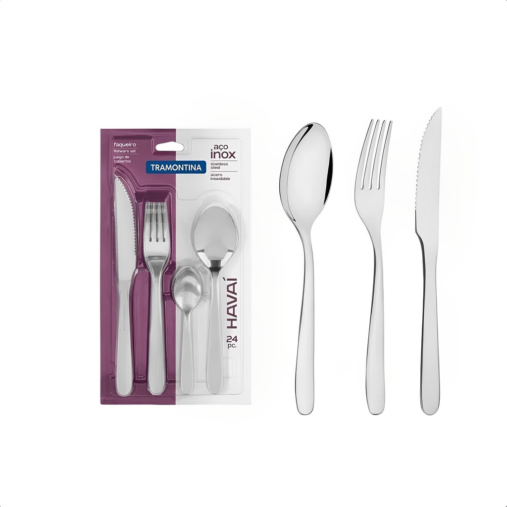 Jogo Faqueiro 24 Peças Tramontina Havaí em Aço Inox com Facas Para Churrasco Acabamento em Brilho - 66905094 em Oferta na Shopee