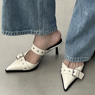 Sandálias Punk Goth Metal Buckle High Heels Mulheres 2023 Summer Pointed Toe Silver Party Shoes Mulher Coreana Estilo Salto Fino