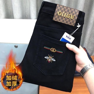 Forro de Velo de Alta Qualidade Calças de Jeans Bordadas Espessadas Homens Outono Inverno Novo Estilo Calças Casuais da Tendência