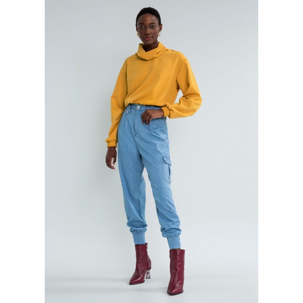 Calça Jeans Cargo Cropped Feminina Azul Bolsos Lez a Lez