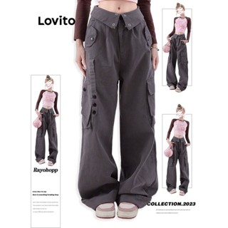 Lovito Casual Calças com Bolsos e Botões Lisos para Mulheres LNA18043 (Cinza)