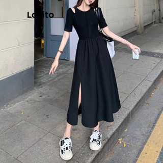 Lovito Vestido Midi A-Line de Manga Curta com Decote Redondo e Detalhes Recortados para Mulheres LNE09186 (Preto)