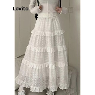 Lovito Saias Midi com Bainha de Babado Simples Casual para Mulheres LNA10128 (Branco)