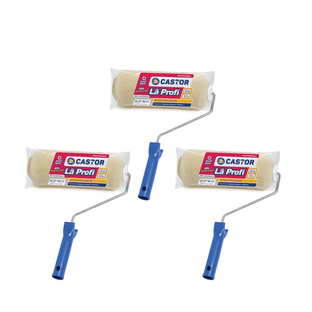 Kit 3 Rolos Lã Carneiro Profissional 23cm c/ Cabo - Castor - Home & Living