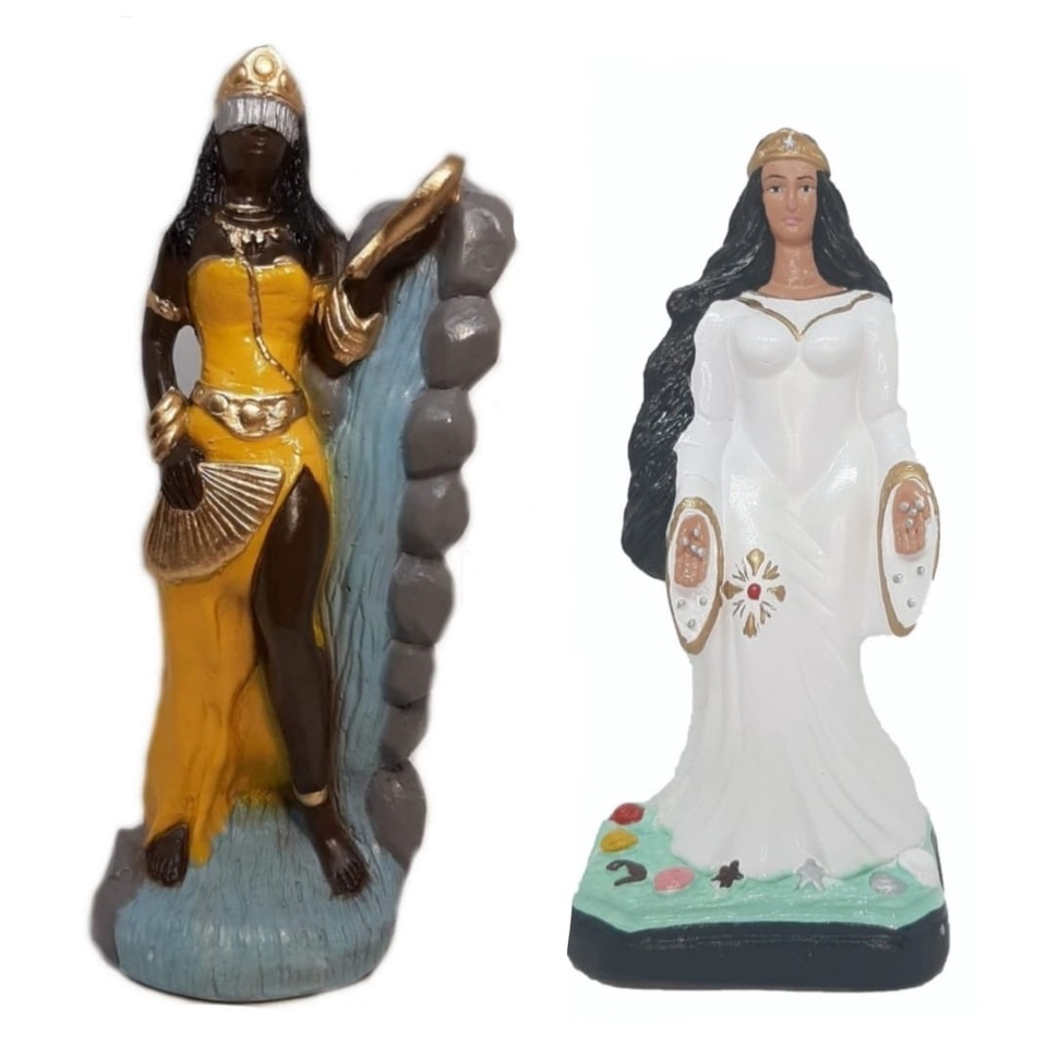 Escultura Estatueta Estátua Orixá Oxum E Iemanjá Vestido Branco Umbanda Candomblé Imagem Em Gesso 22cm Altar Congá Porteira Tronqueira