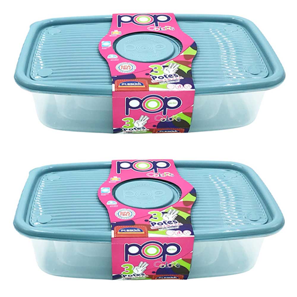Kit com 6 potes para mantimentos alimentos frutas comida  plástico azul geladeira freezer microondas vasilha marmita