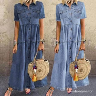 Youho mulheres jeans retro plus size para mulheres 2019 verão abotoaduras curtas vestido longo e solto