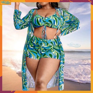 Biquíni Maiô Plus Size 3 em 1 Tamanhos Extra Grandes 44 ao 52 Gordinhas Roupa de banho Conjunto de três peças Com Bojo Boxer Floral Gordo Sexy Baús de manga comprida Protetor solar Shawl Férias Praia da Primavera Quente Natação Tendência Verão